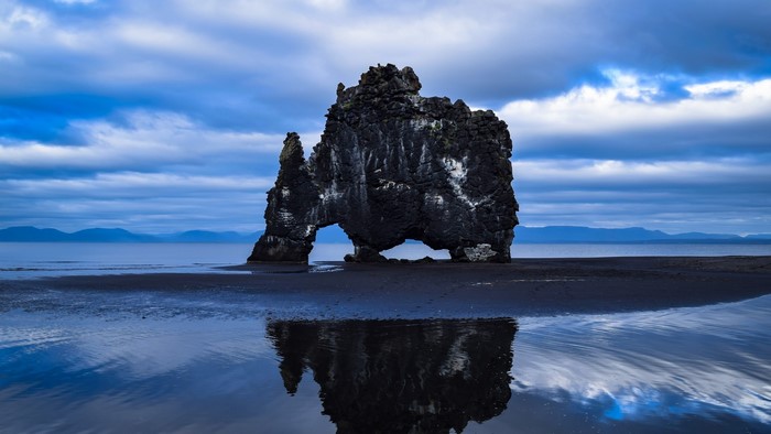 Hvítserkur rock formation in Iceland with reflection