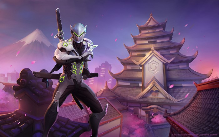 Genji from Overwatch in front of a Japanese temple