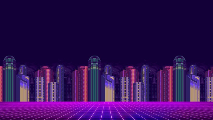 Pixelated Cityscape with Neon Grid