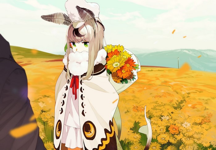 Anime girl with flowers in a field