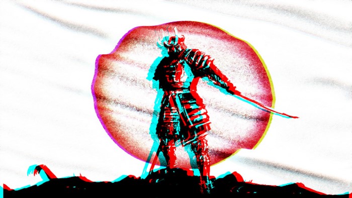 Samurai warrior in front of Japanese flag