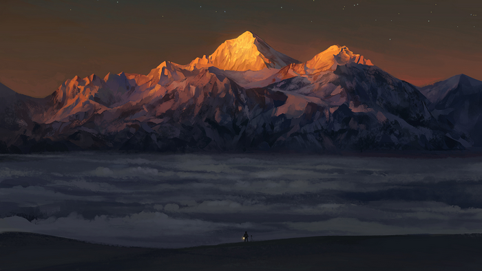 Painting of snow-capped mountains at sunrise with a lone figure holding a lantern