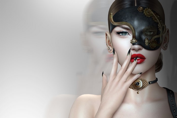 Woman with steampunk mask and red lipstick