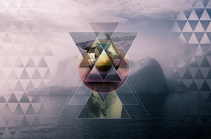 Geometric abstract art with icebergs and polar bear