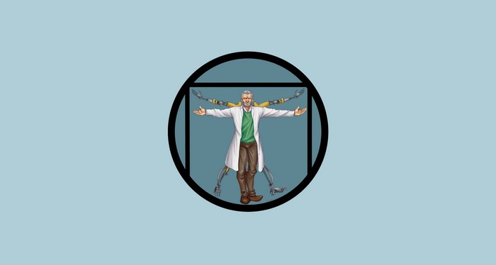 Vitruvian Man scientist with robotic limbs from Fallout
