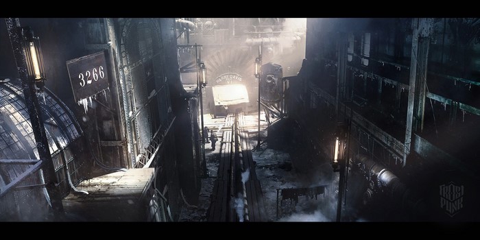 Frostpunk artwork of a snowy industrial city scene