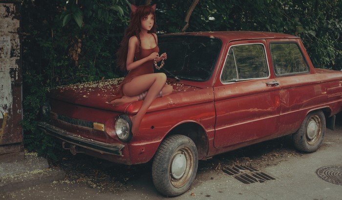 Anime girl with cat ears sitting on a red car