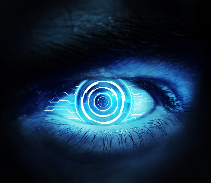 Close-up of a futuristic cybernetic eye with glowing blue circuits