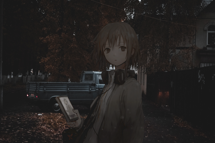 Anime girl with headphones holding a smartphone