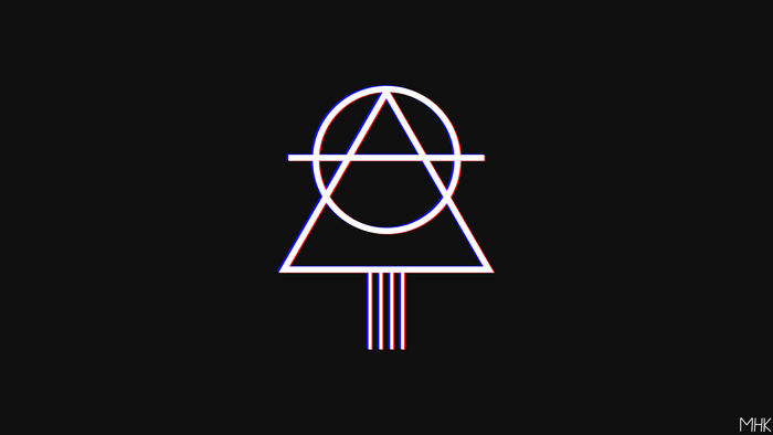 Geometric symbol with glitch effect on black background