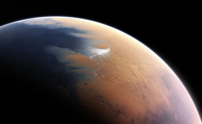 Mars planet with ice caps and craters