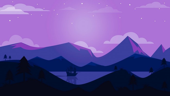Minimalist landscape with a ship on the water