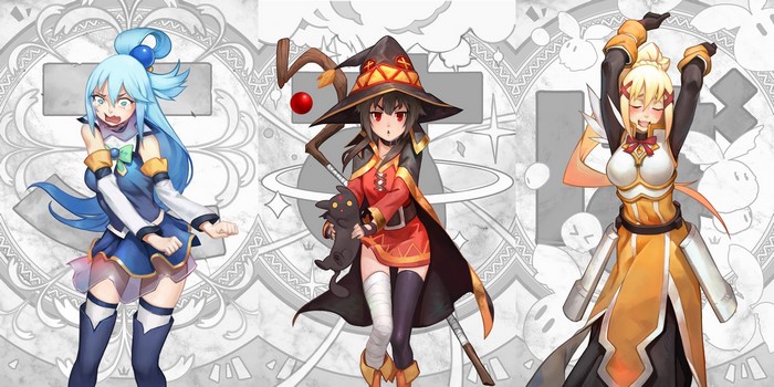 megumin, aqua, darkness, satou kazuma, and luna (kono subarashii sekai ni  shukufuku wo!) drawn by swordsouls