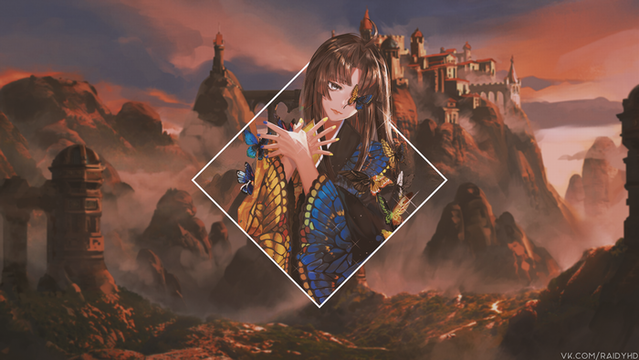 Anime girl with butterflies in fantasy landscape