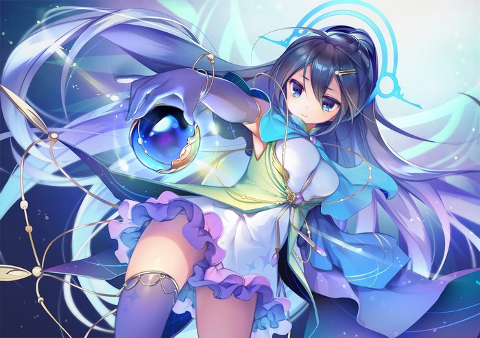 Anime girl with long dark hair holding a blue sphere