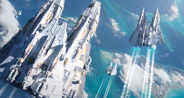 Spaceships over a planet with cyan water
