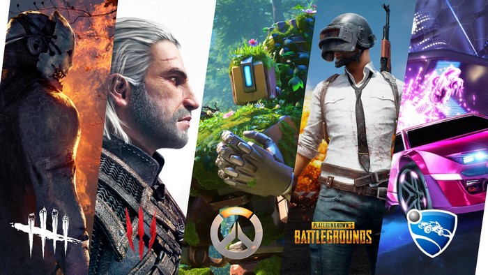 Collage of Dead by Daylight, The Witcher 3, Overwatch, PUBG, and Rocket League