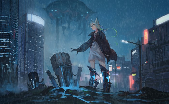 Anime girl in a rainy cityscape with a large alien ship