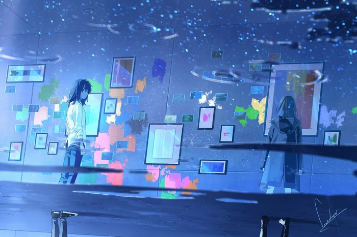 Anime characters in a colorful art gallery