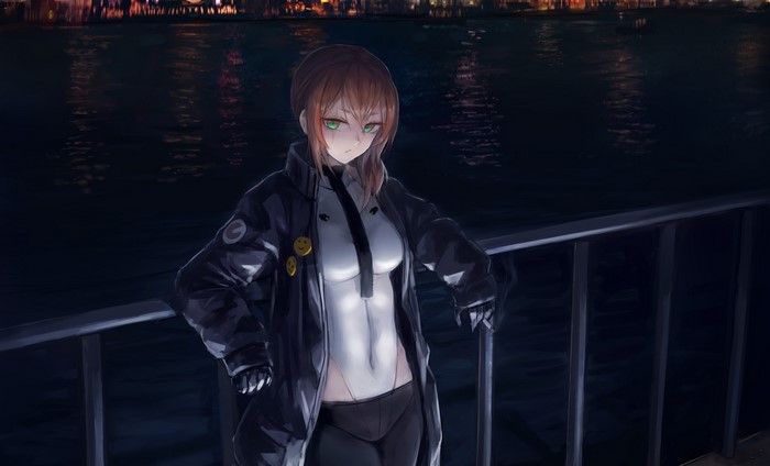 Anime girl with green eyes and brown hair wearing a bodysuit and jacket