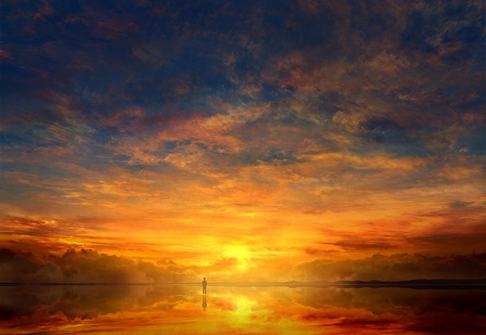 Silhouette of a person against a dramatic sunset sky reflected in water