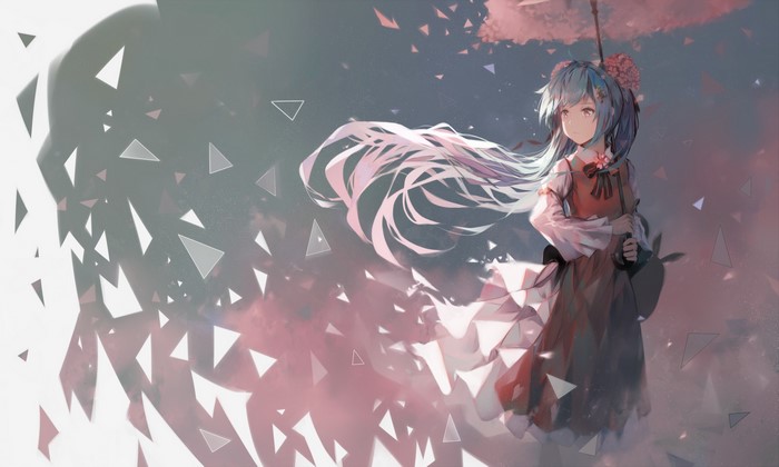 Anime girl with long blue hair holding an umbrella