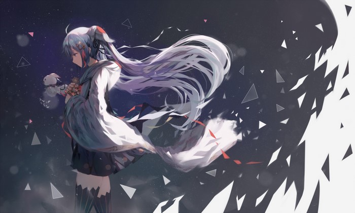 Anime girl with long white hair holding a creature