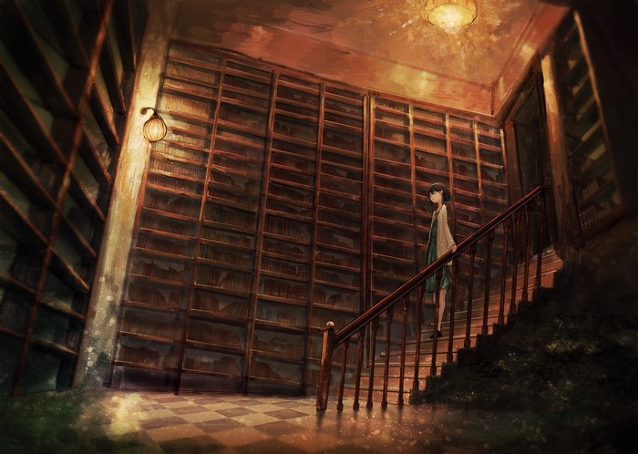 Anime girl on stairs in library