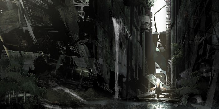 Anime girl with wings in a ruined futuristic cityscape