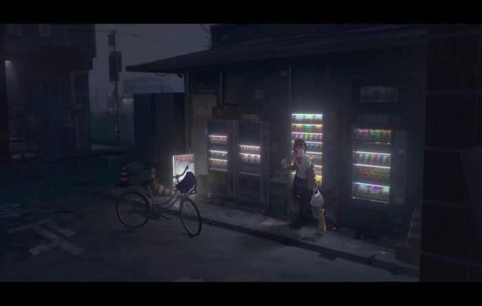 Anime girl and cat at vending machines at night