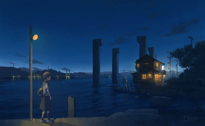 Anime girl by the water at night