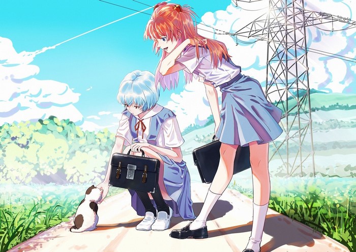 Asuka and Rei from Neon Genesis Evangelion with a cat