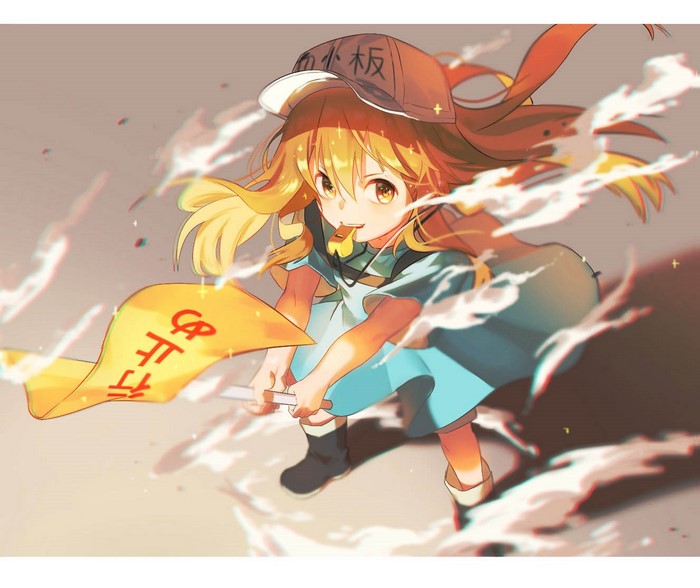 Platelet-chan from Hataraku Saibou holding a flag