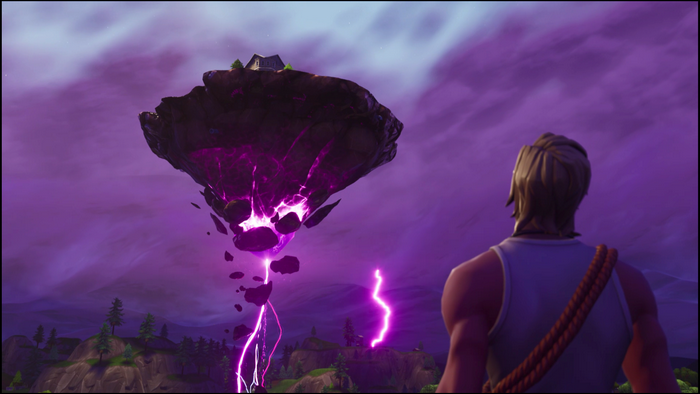 Fortnite floating island with purple lightning and a character