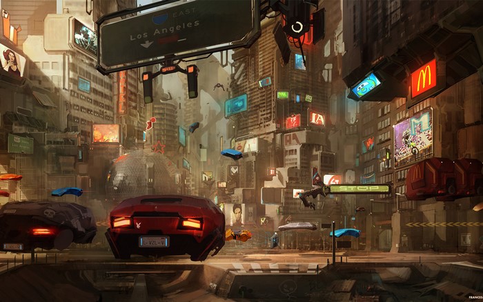 Futuristic Cyberpunk Cityscape with Flying Cars and Los Angeles Sign