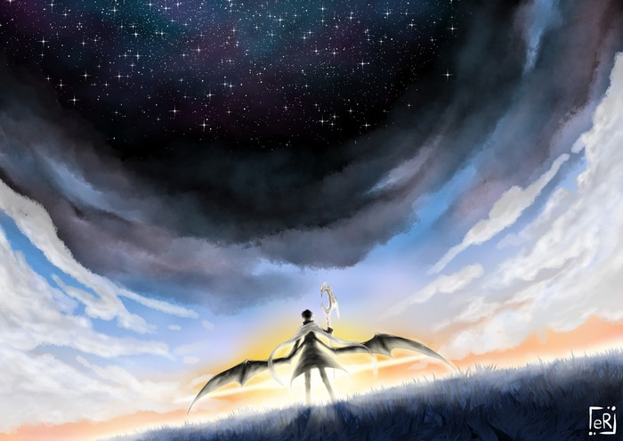 Fantasy character with wings and staff under starry sky