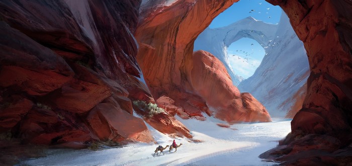 Artwork of a snowy mountain pass with camels