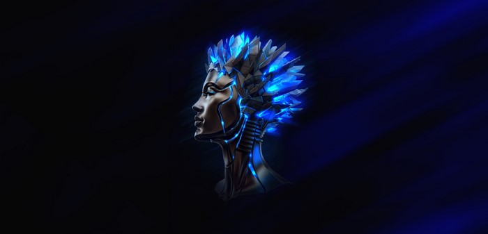 Artwork of a cyborg woman with blue crystals