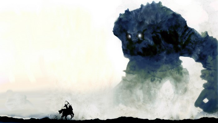 Warrior on horseback facing a giant colossus
