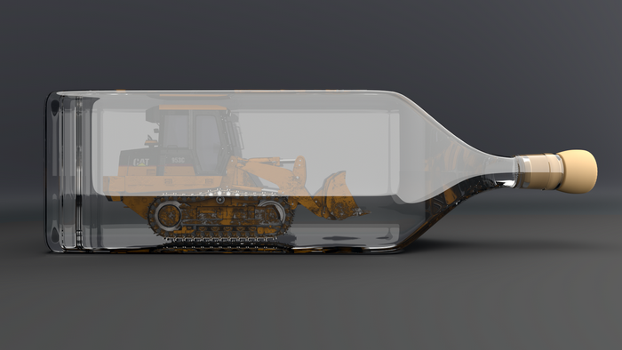 Yellow bulldozer inside a glass bottle with liquid