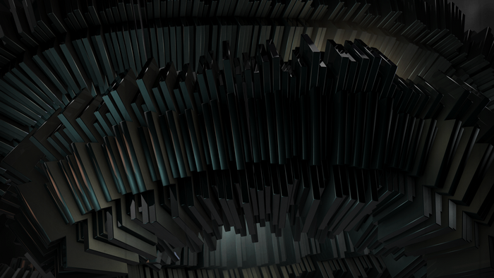 Abstract digital art render of stacked metallic shapes