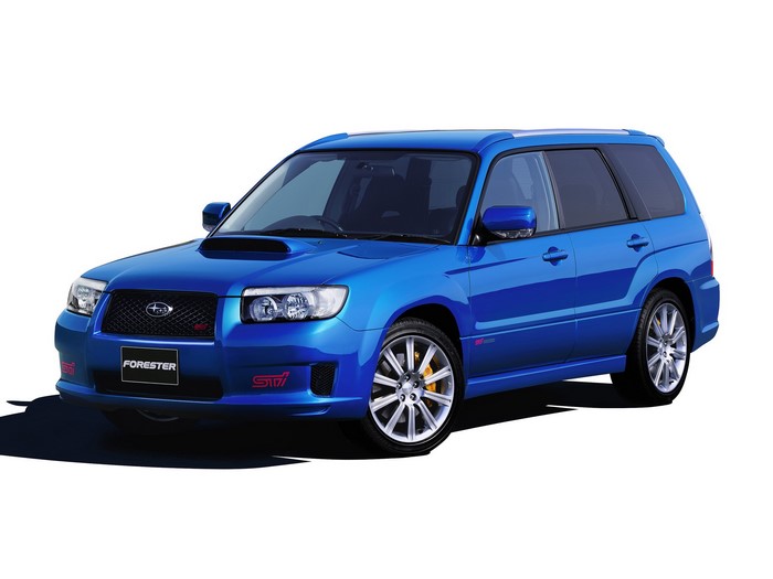 Blue Subaru Forester STI with hood scoop