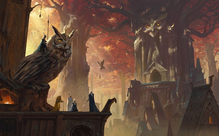 Fantasy art of a giant owl and figures in a forest