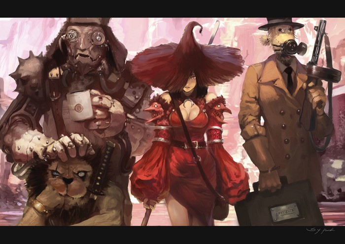 Fantasy characters with steampunk and witch elements