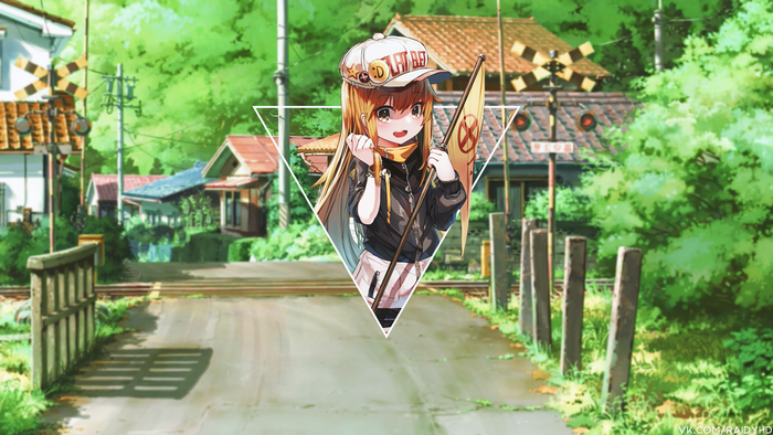 Anime girl with flag at railroad crossing