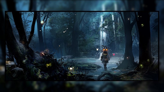 Link as Majora's Mask in a dark forest