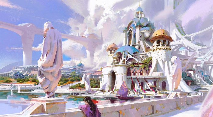 Fantasy city with statues and boats by Muyang Xu