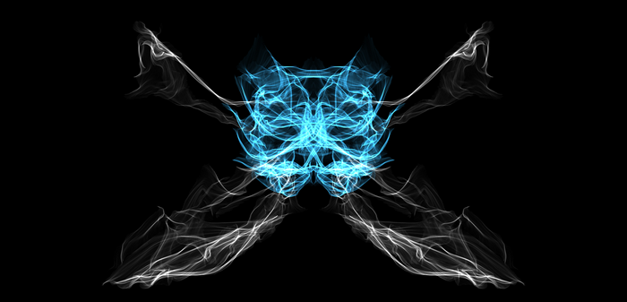 Abstract cyan and white smoke patterns on black background
