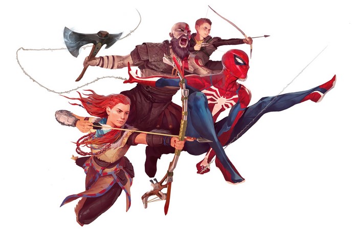 Spider-Man, Kratos, Atreus, and Aloy from PlayStation games
