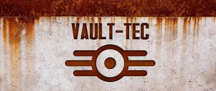 Vault-Tec logo on a rusty metal surface